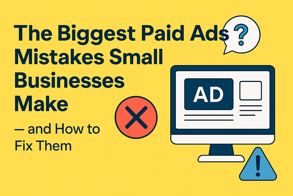 The biggest paid ads mistakes small businesses make A drawing of a laptop screen with the word "AD" and a yellow background next to it with the text "The biggest paid ads mistakes small businesses make - and how to fix them"
