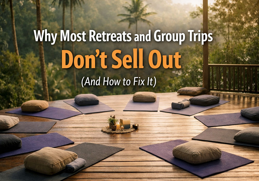 Yoga mats positioned in a circle on a wooden deck with a lush tropical forest in the background, with the text "Why most retreats and group trips don't sell out (and how to fix it)"