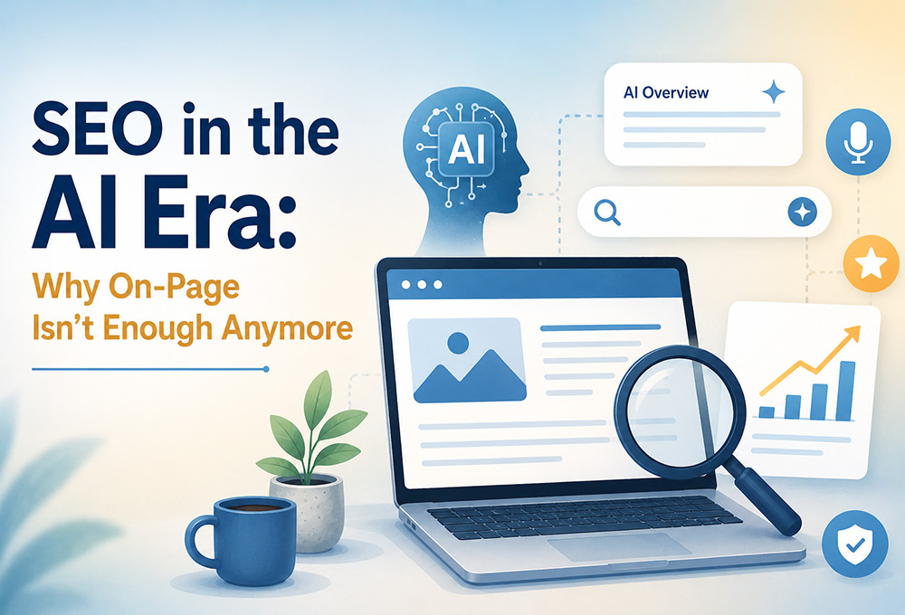 An illustration showing a laptop, magnifying glass, statistics, AI on a silhouette of a face and the text "SEO in the AI Era: Why On-Page Isn't Enough Anymore"