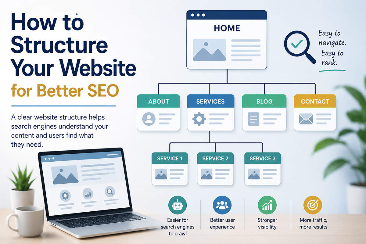 Website structure for SEO and AI optimization A drawing showing a laptop, an website structure and the text 'How to Structure Your Website for Better SEO'
